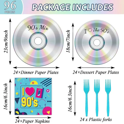 Miniatura 2 de 96 platos y servilletas de papel de fiesta de los 90 para fiestas de cumpleaños con temática retro de los 90, suministros de fiesta de cumpleaños