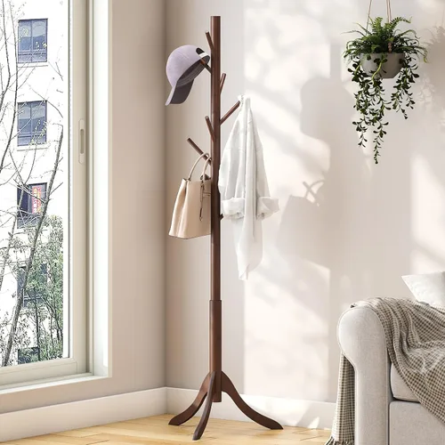 Miniatura 5 de kiplant Perchero de madera de bambú, árbol de abrigo independiente con 8 ganchos, organizador de sombrero de entrada para pasillo, dormitorio, Marrón