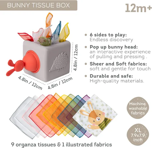 Miniatura 6 de Taf Toys Caja de pañuelos para bebé con conejito emergente - Actividad sensorial Montessori con 10 pañuelos de tela para el desarrollo motor fino
