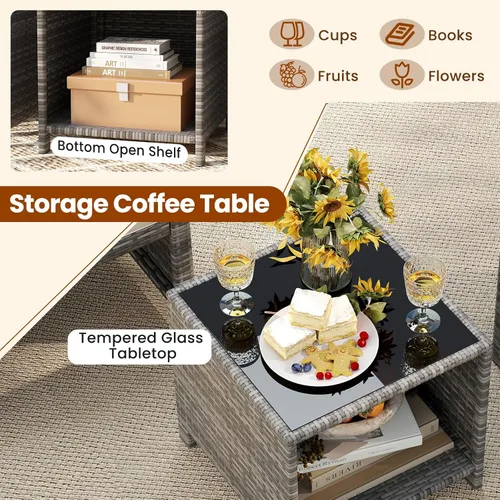Miniatura 5 de KOTEK Juego de muebles de patio de 3 piezas, sillas de patio de mimbre para exteriores con cojines y mesa de almacenamiento, juego de bistró