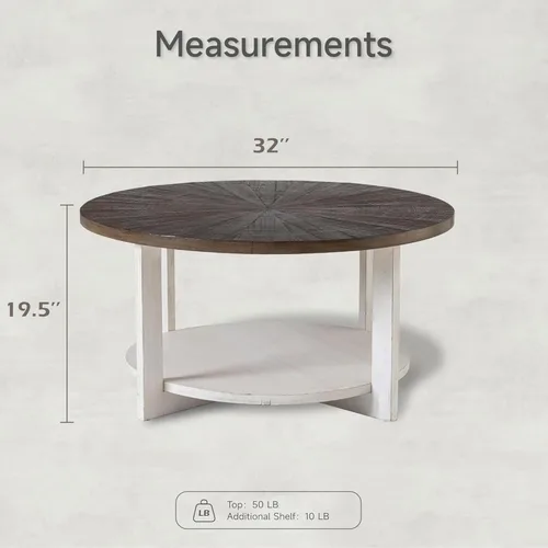 Miniatura 3 de Mesas de centro redondas de madera con almacenamiento, mesa de centro rústica con parte superior de madera envejecida, mesa circular grande