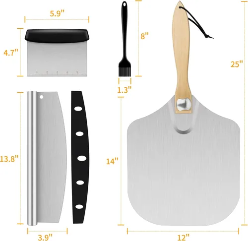 Miniatura 7 de Pala de pizza, espátula de pizza de 12" x 14" pulgadas para horno, paleta de pizza de aluminio con cortador raspador cepillo de repostería, palas