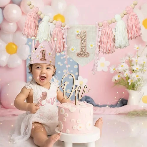 Miniatura 7 de Banner de Silla Alta con Margaritas Bohemias Primer Cumpleaños Niña Para Decoraciones de Primera Fiesta Conjunto Con Adorno de Pastel Hecho a Mano