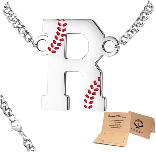 Miniatura 21 de QINJIEJIE Collar de béisbol inicial A-Z con letras, accesorios deportivos, colgante de encanto de béisbol, joyería de cadena de acero inoxidable 2-P