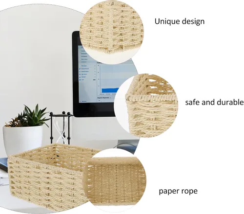 Miniatura 8 de VOSAREA Cesta de almacenamiento de ratán con tapa, cuerda de papel, organizador de escritorio, cesta de mimbre para dormitorio, organizador