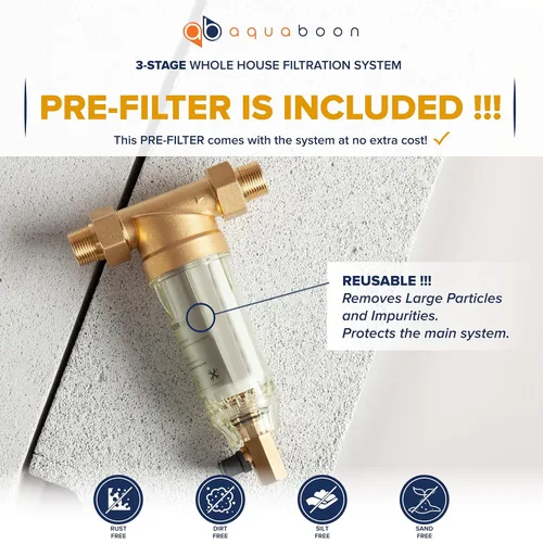 Miniatura 3 de Aquaboon Sistema de filtro de agua para toda la casa de 3 etapas con prefiltro, bloque de carbón de 20x4.5, filtros para hierro y manganeso