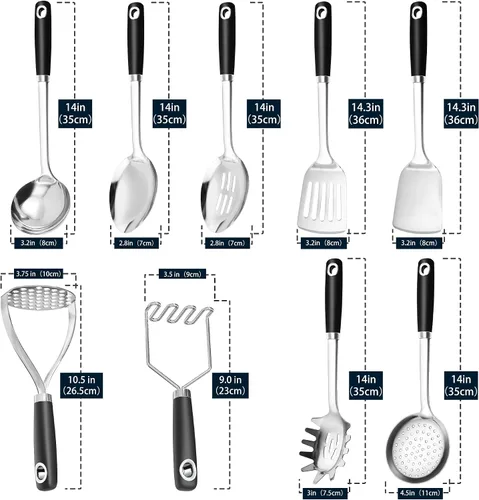 Miniatura 5 de Juego de utensilios de cocina de acero inoxidable 18/0, utensilios de cocina resistentes para uso diario, fiesta, boda, casa nueva, aptos para Negro