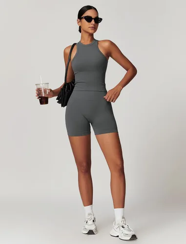 Miniatura 21 de Conjuntos de entrenamiento para mujer, 2 piezas, sin costuras, acanalada, sin mangas, brasier deportivo, cintura alta, pantalones cortos