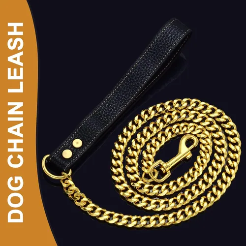 Miniatura 7 de Correa de cadena para perro de 3 pies y 4.3 pies, acero inoxidable de oro de 18 quilates, correa para perro de 0.472 in con cómodo mango de cuero