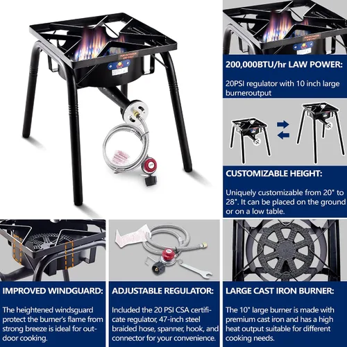 Miniatura 5 de ARC 200,000BTU Estufa de Propano Portátil para Exteriores, Quemador de Campamento de Propano, con Patas Removibles, Ideal para Woks, Sarténes y Ollas