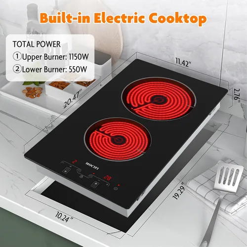 Miniatura 6 de Placa de cocina de cerámica de 12 pulgadas con enchufe de 120 V, estufa eléctrica de 1700 W, 2 quemadores, control táctil con temporizador y bloqueo