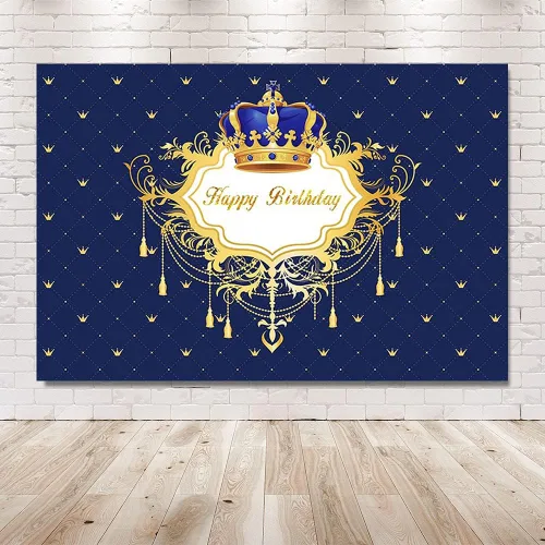 Miniatura 6 de Fondo de fotos de feliz cumpleaños azul y dorado para niño, corona de príncipe pequeño, decoración de fiesta, pancarta para fotografía de 7 x 5 pies