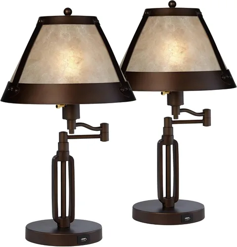 Franklin Iron Works Samuel - Lámparas de mesa industriales rústicas con puerto de carga USB de 21 1/4 pulgadas de alto, juego de 2 pantallas de mica