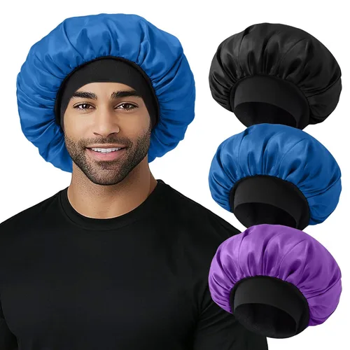 Miniatura 13 de Gorro para hombre, gorro de doble capa para dormir, gorro de dormir ajustable con banda elástica, gorros de satén de seda para trenzas de cabello