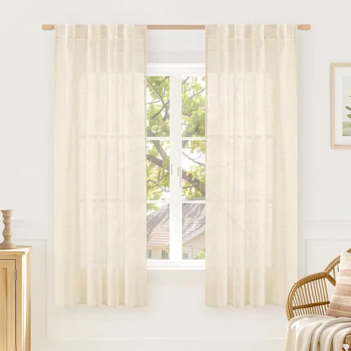 Miniatura 17 de LAMIT Cortinas de lino beige de 30 pulgadas de largo para ventanas pequeñas, cortinas semitransparentes filtrantes de luz, pestaña trasera