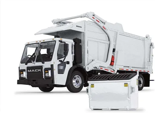 Miniatura 2 de First Gear Blanco/Blanco Escala 1/34 Mack LR con cargador frontal McNeilus Meridian y papelera