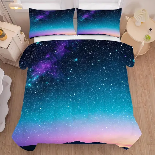 Miniatura 13 de Juego de edredón de galaxia azul, tamaño individual, ropa de cama espacial para niños, niñas, adolescentes, decoración de dormitorio, luna, nube
