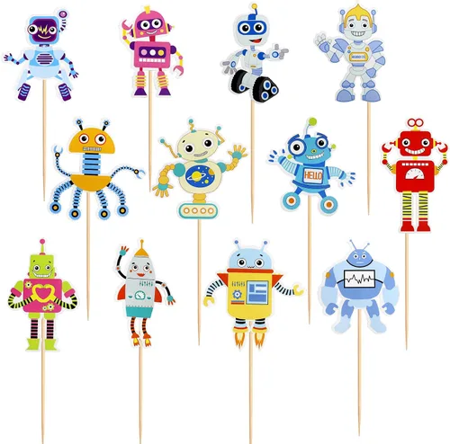 Miniatura 7 de Ercadio Paquete de 36 adornos para magdalenas de robots de dibujos animados impresos, selecciones de cupcakes, decoración de pasteles para temática