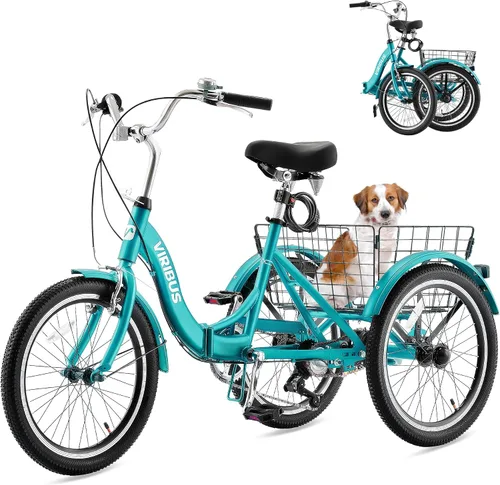 VIRIBUS Triciclo plegable para adultos, triciclo plegable de 20 pulgadas para adultos de 1 o 7 velocidades con cesta, bicicletas plegables de 3