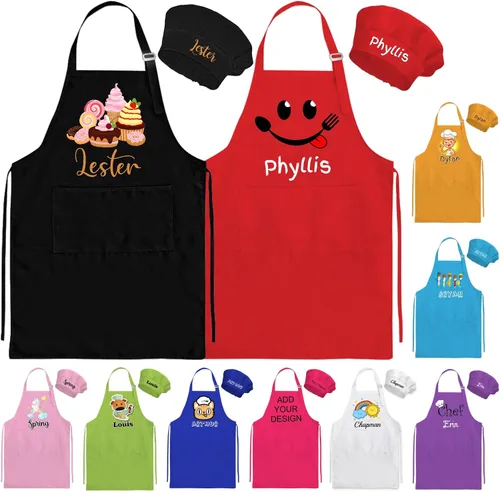 Delantales personalizados para niños, sombrero de chef y delantal con nombre personalizado para niños, delantal para cocinar, hornear, cocina,