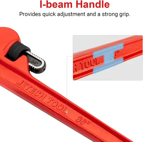 Miniatura 3 de Jetech Llave de tubo recta resistente de 36 pulgadas, llave de plomero de aluminio ajustable con mandíbula de gancho flotante, mango rojo resistente