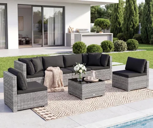 Miniatura 19 de Tangkula Juego de muebles de mimbre de patio de 7 piezas, juego de sofá modular de ratán para 6 personas con cojines de asiento y respaldo, 2 Azul