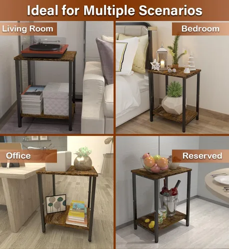 Miniatura 7 de Mesa auxiliar de 2 niveles, mesa auxiliar resistente con estantes, mesa de noche estrecha para espacios pequeños, mesa de tocadiscos para Negro