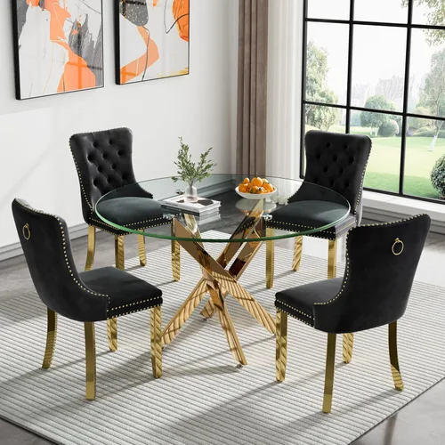 Miniatura 11 de Juego de mesa de comedor de vidrio de 47.24 pulgadas para 6, juego de mesa redonda dorada de 7 piezas con 6 sillas tapizadas de terciopelo, mesa