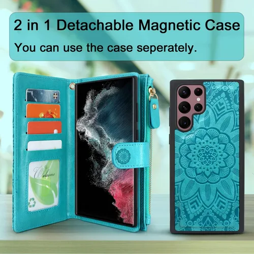 Miniatura 3 de Harryshell Funda de cuero desmontable con cremallera magnética con bolsillo para monedas, 12 ranuras para tarjetas, correa de muñeca para Samsung