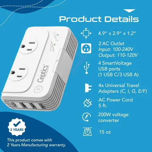 Miniatura 5 de Adaptador de conexión universal a tierra Ceptics, 4 USB + convertidores 150 W, Blanco