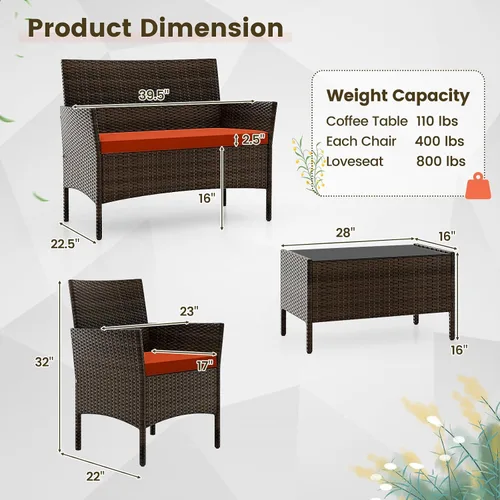 Miniatura 5 de DORTALA Juego de muebles de mimbre para patio, 4 piezas, mesa y sillas de ratán de polietileno para exteriores con mesa de centro de vidrio Naranja