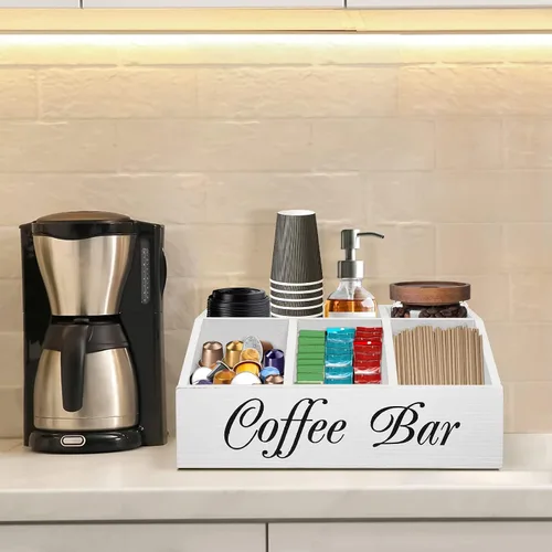 Miniatura 7 de ugiftt Organizador de estación de café para mostrador, cesta de almacenamiento de cápsulas de café de madera, organizador de almacenamiento
