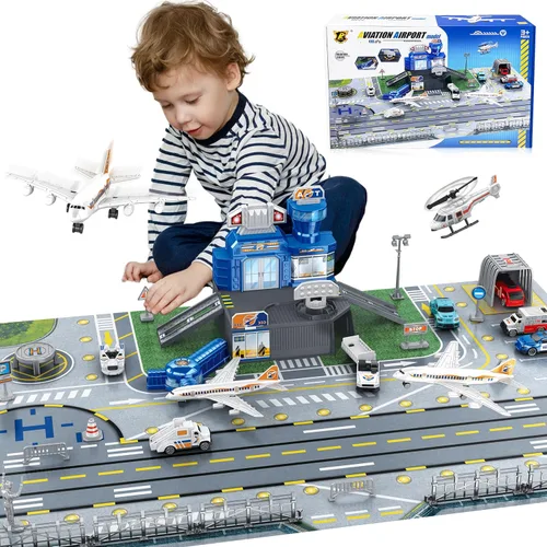 Set de juguetes de avión con camiones, helicóptero, aviones, señales y alfombrilla de aeropuerto, juguetes interactivos de aprendizaje temprano para