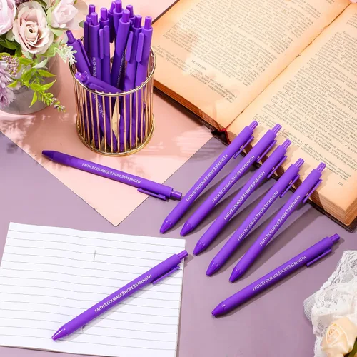 Miniatura 6 de Ireer 100 bolígrafos de cinta morada, accesorios de concienciación sobre el lupus a granel, tinta negra, bolígrafos retráctiles para mujeres