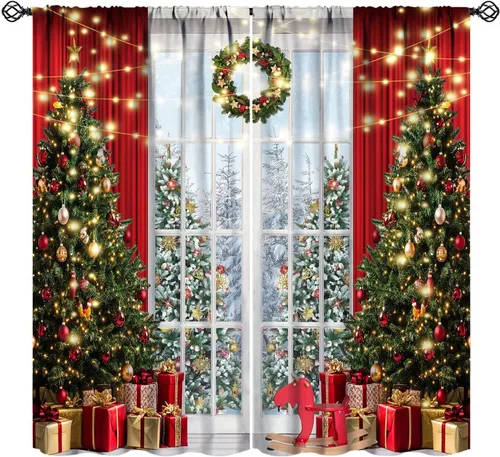 Miniatura 26 de Cortinas de Navidad de gnomo, bolas de árbol de Navidad, luces, regalos, decoración de tablones para sala de estar, dormitorio, bolsillo para barra
