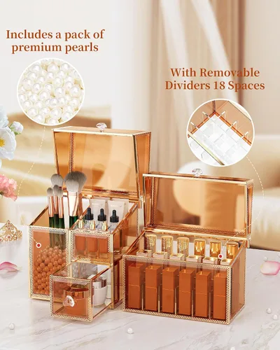 Miniatura 4 de Youdepot Organizador de maquillaje extra grande, almacenamiento de cosméticos de vidrio con cajones, organizador apilable de maquillaje y joyas
