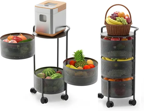 Miniatura 10 de JAQ Canasta giratoria de frutas, de metal resistente, almacenamiento multinivel de cocina, no requiere montaje, con ruedas, para frutas, verduras