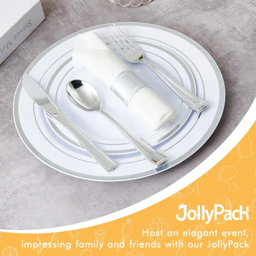 Miniatura 6 de JollyPack 100 piezas de platos desechables de plástico plateado para fiestas, incluyendo 50 platos llanos de 10 pulgadas y 50 de 7 pulgadas