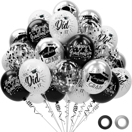Miniatura 9 de Paquete de 78 globos de graduación 2026, decoraciones de graduación, globos de graduación de 12 pulgadas de oro negro con cintas para decoraciones