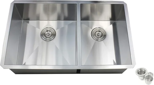 Fregadero de cocina contemporáneo de acero inoxidable de calibre 16, duradero, con doble tazón, con colador de cesta extraíble (32 pulgadas, 60/40)