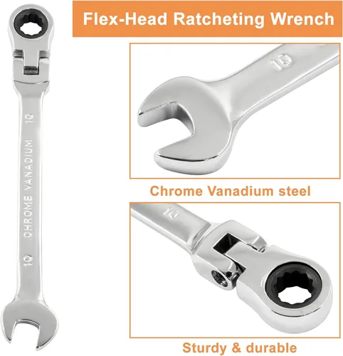 Miniatura 3 de Piutouyar Llave de trinquete de cabeza flexible de 0.394 pulgadas, llave de trinquete métrica profesional, llave combinada, herramienta de llave