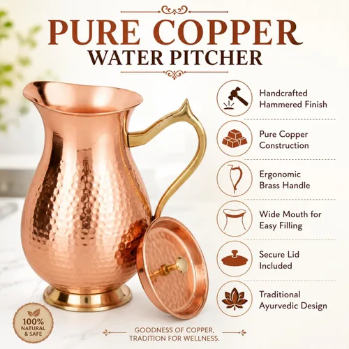 Miniatura 2 de Jarra de cobre 100% puro de 50.7 fl oz (50.72 onzas), jarra de agua de cobre martillado con tapa y asa, recipiente de agua tradicional de cobre
