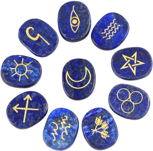 Rockcloud Juego de runas de brujas de cristal curativo Lapislázuli, símbolo gitano, piedras de chakra, piedra de palma, equilibrio de reiki, 10