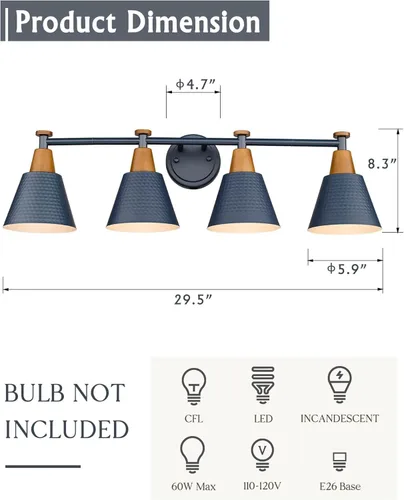 Miniatura 2 de FEMILA Lámparas de baño de 4 luces, lámparas de tocador modernas de estilo rústico con acabado de pantalla de metal martillado, azul oscuro, Azul