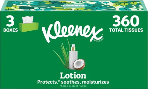 Kleenex Loción de pañuelos faciales con aceite de coco, 3 cajas planas, 120 pañuelos por caja, 3 capas