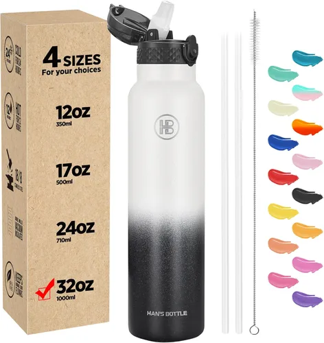 Miniatura 58 de Han's Bottle - Botella de agua para niños con tapa con pajilla - Vaso reutilizable de acero inoxidable aislado para niñas, niños, taza termo, 17