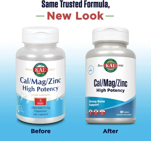 Miniatura 2 de KAL Cal/Mag/Zinc 1000 mg de calcio, 400 mg de magnesio y 15 mg de zinc Apoyo para huesos, músculos, corazón y sistema inmunológico 100