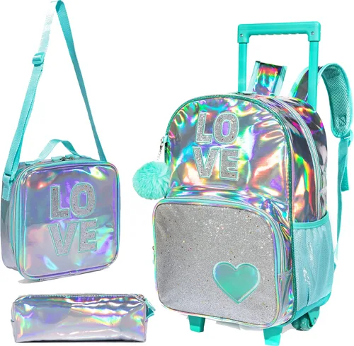 Miniatura 14 de Mochila con ruedas para niñas, mochila escolar con ruedas, bolsa escolar con bolsa de almuerzo y bolsa para lápices, mochila con ruedas para niños