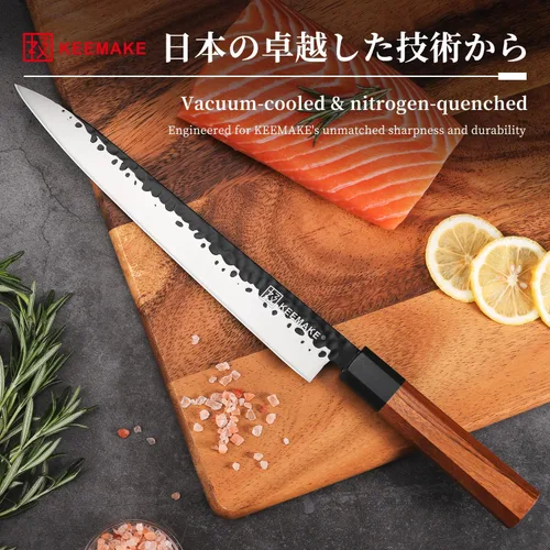 Miniatura 3 de KEEMMAKE - Cuchillo de sushi japonés de 10 pulgadas, cuchillo Yanagiba de acero inoxidable 440C, cuchillos de chef de cocina con mango de palisandro