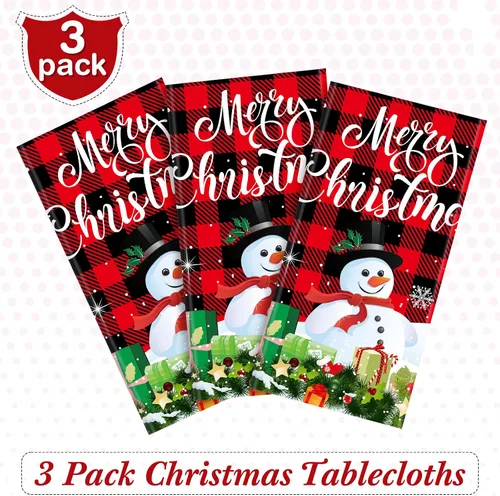 Miniatura 3 de Tiamon Paquete de 3 manteles de plástico para mesa de Navidad de 54 x 108 pulgadas para mesa rectangular, mantel desechable con diseño de muñeco